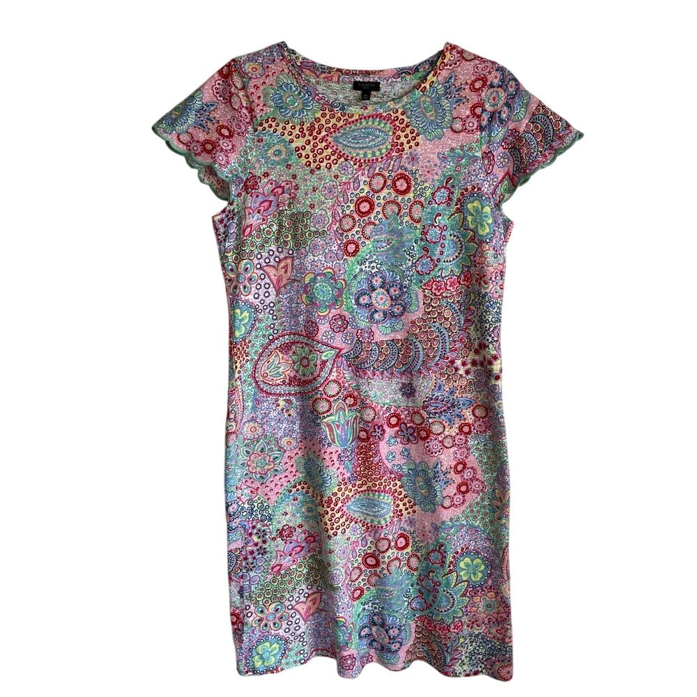 Talbots Petite Paisley Shift Dress Sz MP Scalloped Cap Sleeves Cotton Preppy